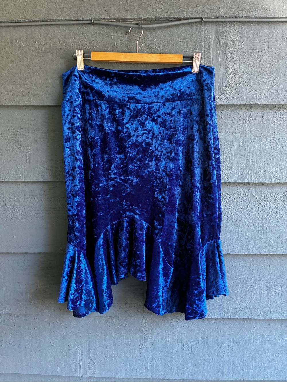 Fashion Nova Curve High Waist Crushed Blue Velvet/Velour Ruffled Flamenco Skirt